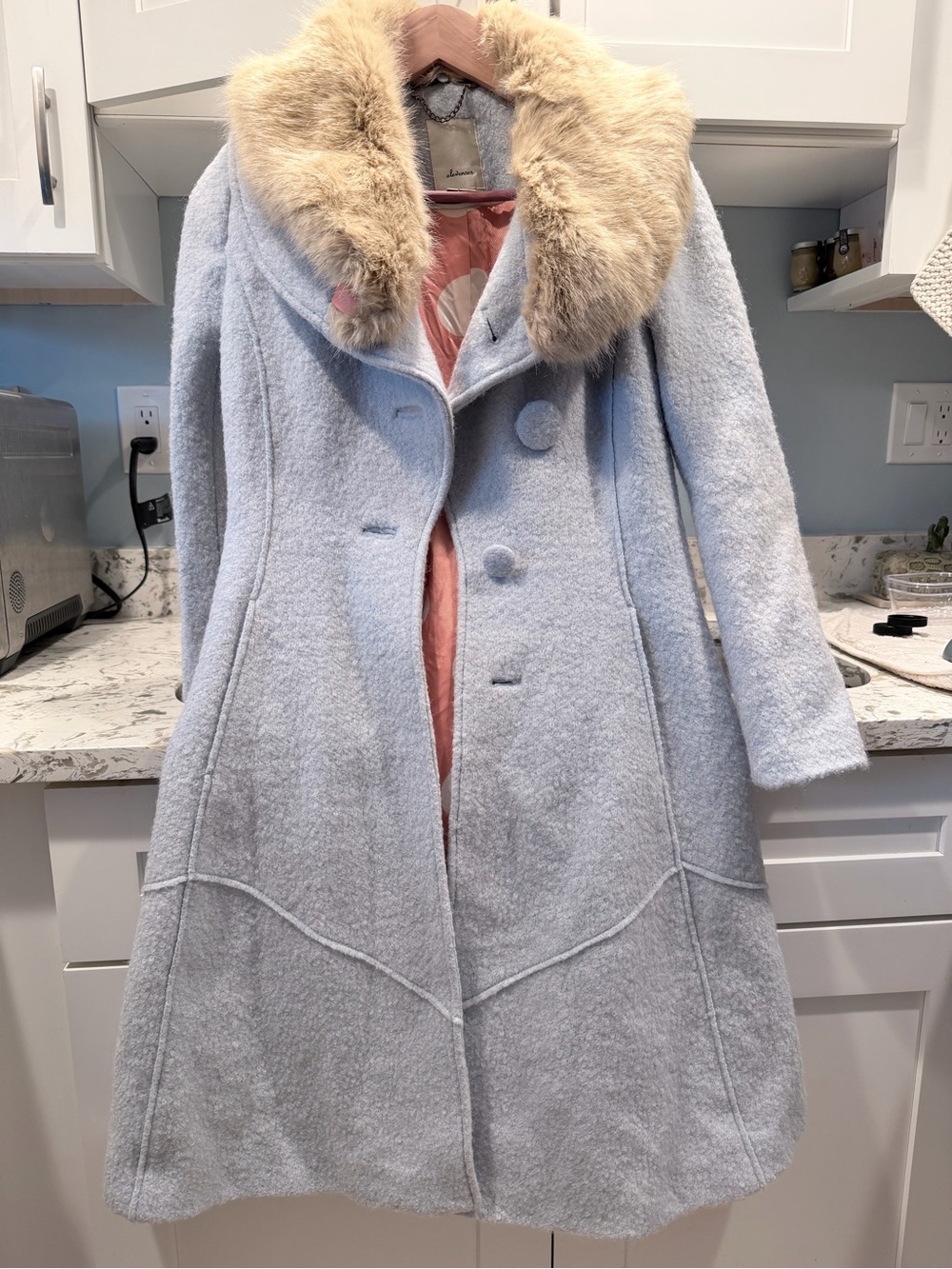 Anthropologie Elevenses Classic Light Blue Wool Coat with Faux Fur Collar US2P